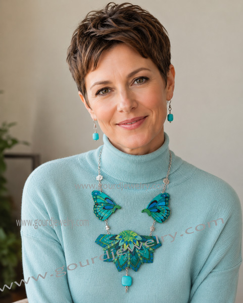 Blue Butterfly Flower Gourd Shard Necklace Set - Image 4