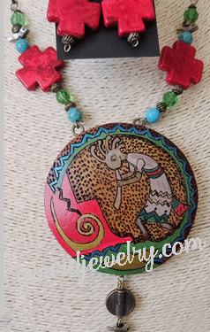 Kokopelli with Red Santa Fe Beads Gourd Shard Necklace Set
