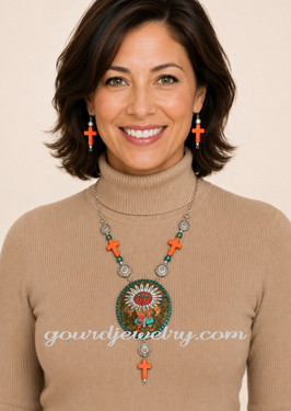 Kachina with Orange Crosses Gourd Shard Necklace Set