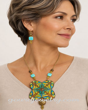 Blue-Gold Butterfly Mandala Gourd Shard Necklace Set