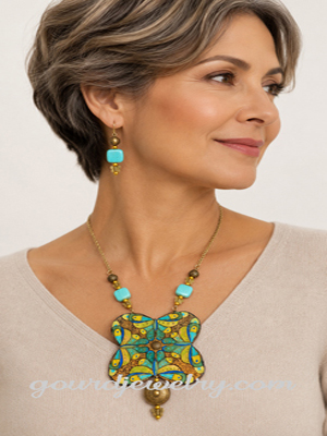 Blue-Gold Butterfly Mandala Gourd Shard Necklace Set