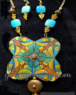 Blue-Gold Butterfly Mandala Gourd Shard Necklace Set
