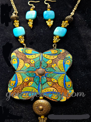 Blue-Gold Butterfly Mandala Gourd Shard Necklace Set - Image 2