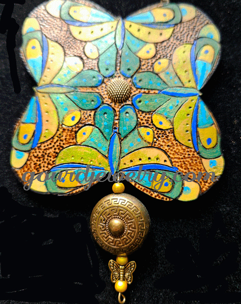 Blue-Gold Butterfly Mandala Gourd Shard Necklace Set - Image 4