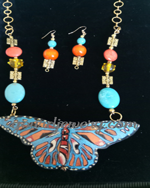 Blue-Orange Butterfly Gourd Shard Necklace Set
