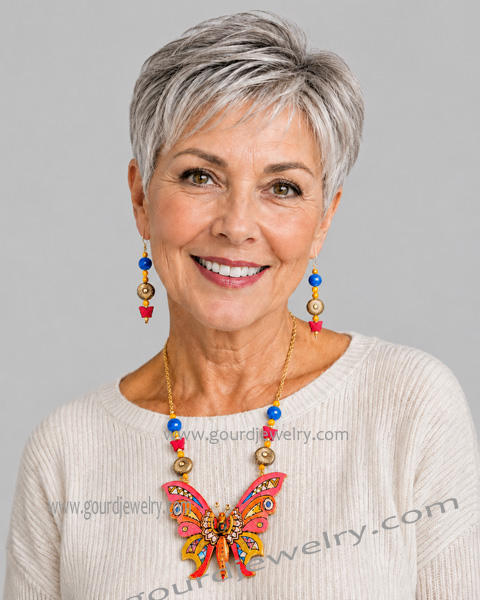 Red and Blue Butterfly Gourd Shard Necklace Set - Image 6