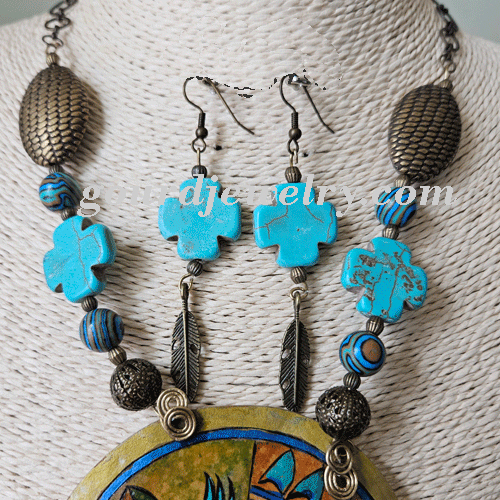 Blue-Gold Kokopelli Gourd Shard Necklace Set - Image 3