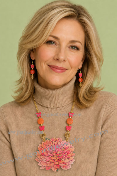 Red-Orange Dahlia Gourd Shard Necklace Set - Image 4