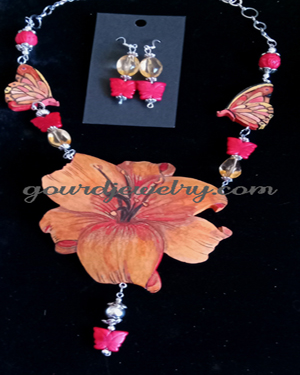 Orange Hibiscus Flower Gourd Shard Necklace Set