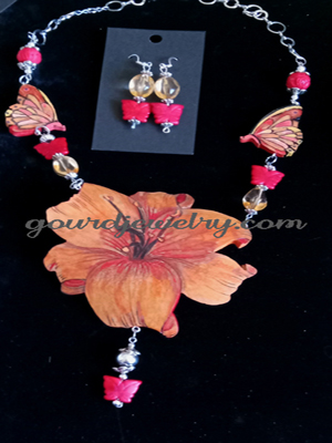 Orange Hibiscus Flower Gourd Shard Necklace Set - Image 2