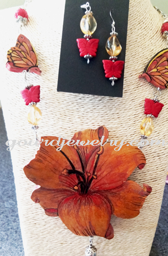 Orange Hibiscus Flower Gourd Shard Necklace Set - Image 3