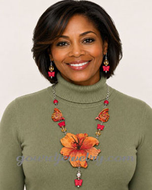 Orange Hibiscus Flower Gourd Shard Necklace Set