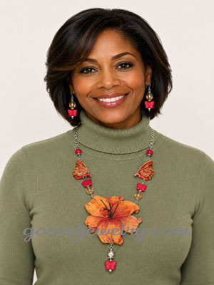 Orange Hibiscus Flower Gourd Shard Necklace Set