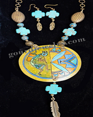 Blue-Gold Kokopelli Gourd Shard Necklace Set