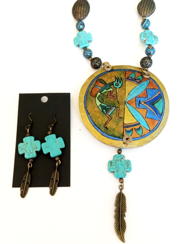 Blue-Gold Kokopelli Gourd Shard Necklace Set - Image 4