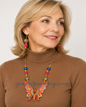 Red and Blue Butterfly Gourd Shard Necklace Set