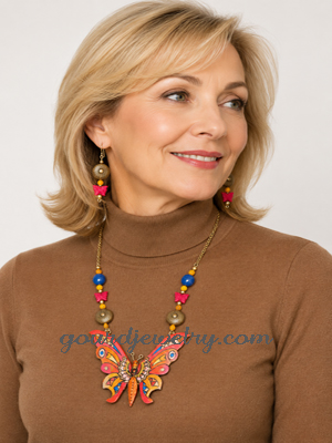 Red and Blue Butterfly Gourd Shard Necklace Set