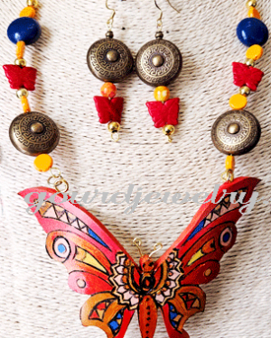 Red and Blue Butterfly Gourd Shard Necklace Set